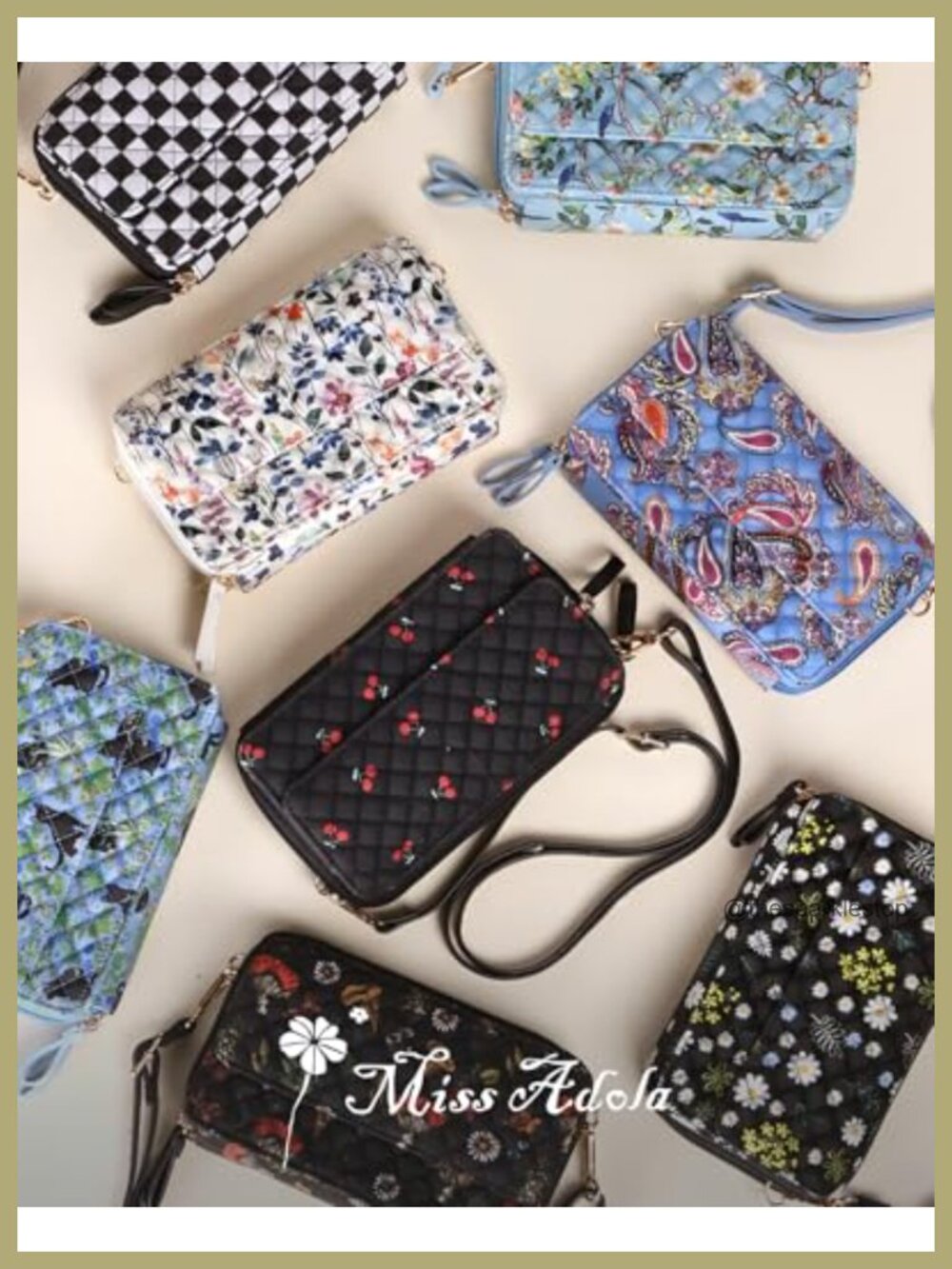 Quilted Cotton Crossbody Bag with RFID Blocking, Adjustable Strap & Wristlet, - Picture 5 of 6